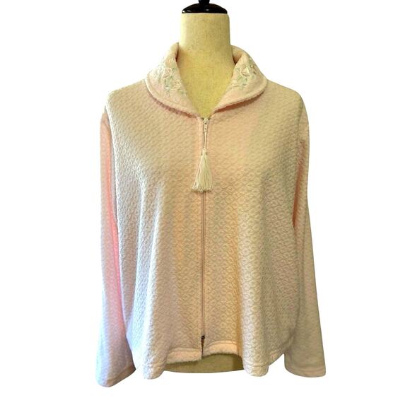 Vtg Miss Elaine Pink Embroidered Quilted Bed Jacket Pockets Robe Cottage Granny - Picture 2 of 11